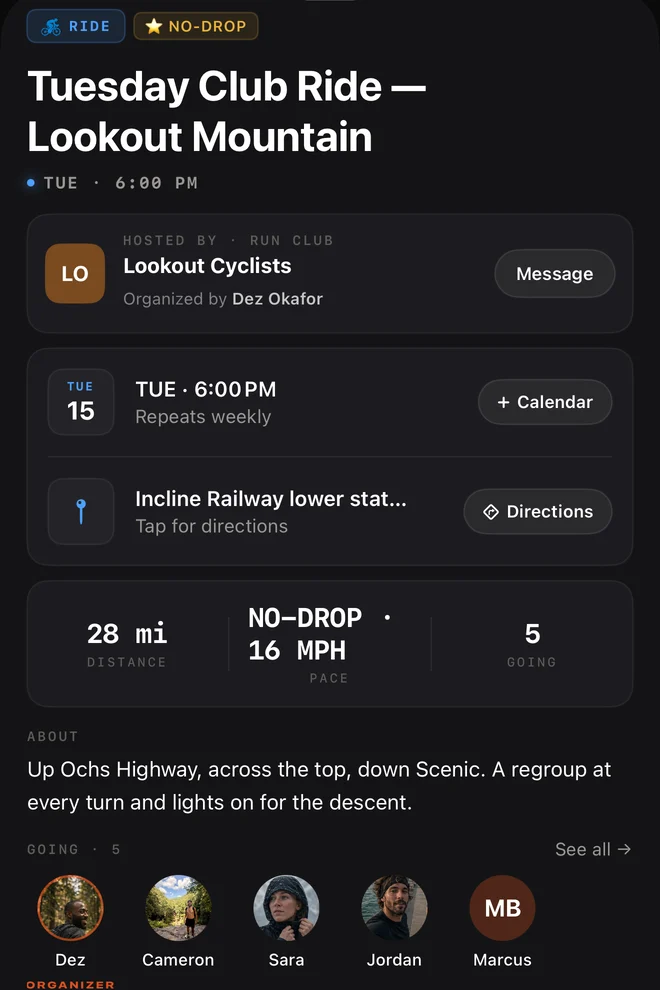 A RunLive event: Tuesday Club Ride — Lookout Mountain with Lookout Cyclists, Tuesdays at 6 from the Incline Railway, 28 miles no-drop, five people going with their faces, and a Join This Event button