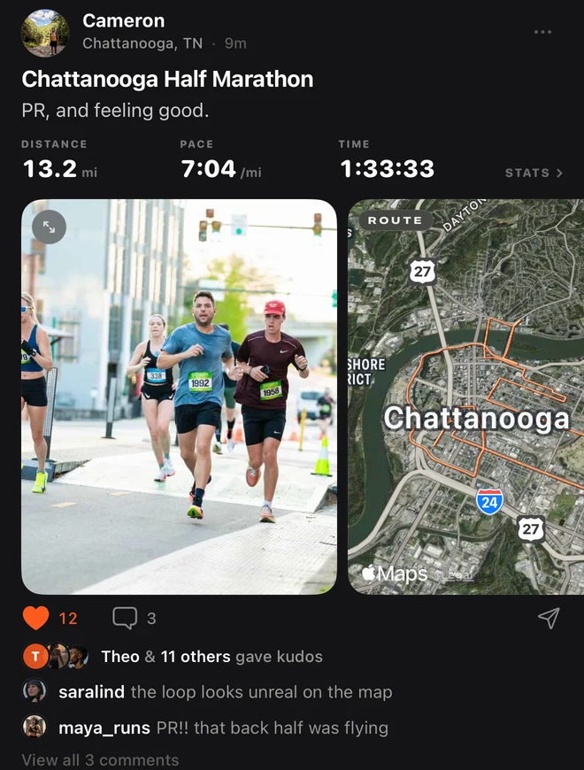 A RunLive post: Cameron’s Chattanooga Half Marathon, a race photo beside the loop on the satellite map, 13.2 miles at 7:04 a mile, with kudos from Theo and eleven others and comments from Sara and Maya